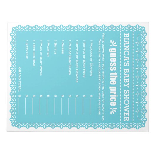 Bloc-note Devinez Le Prix Blue Papel Picado Baby shower (Devant)