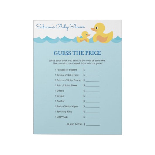 Bloc-note Devinez Le Prix Caoutchouc Baby shower Jeu (Tourné)