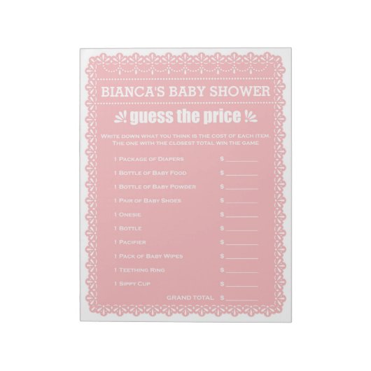 Bloc-note Devinez Le Prix Pink Papel Picado Baby shower (Tourné)