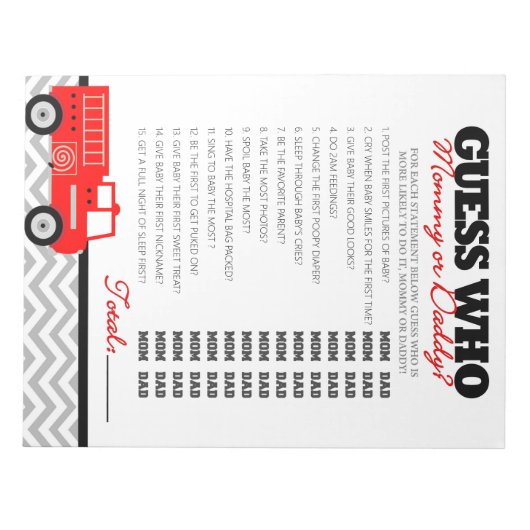 Bloc-note Devinez Qui Firetruck Baby shower Game Pack (Devant)