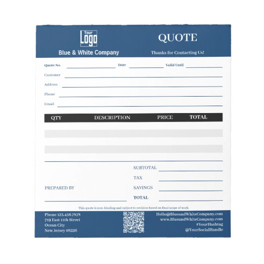 Bloc-note Devis de service professionnel de base bleu entrep (Devant)