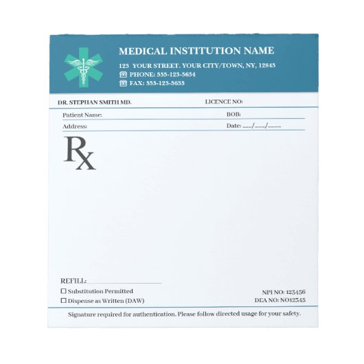 Bloc-note Doctor Prescription Medical RX Pad – Editable Navy (Devant)