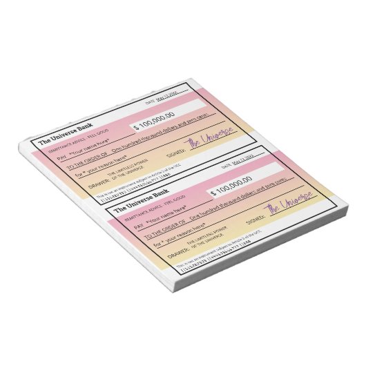 Bloc-note Droit d'attraction Modèle de texte rose Vide Chèqu (Incliné)
