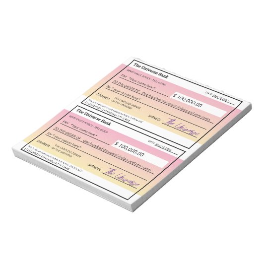 Bloc-note Droit d'attraction Modèle de texte rose Vide Chèqu (Tourné)