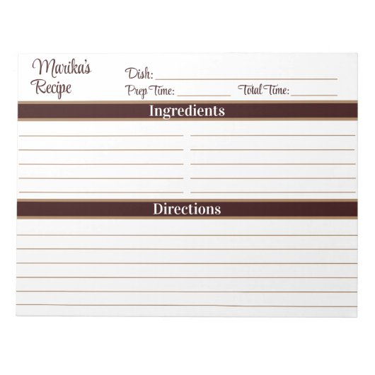 Bloc-note Écriture Élégante Chocolat Marron 8.5x11 Recettes (Devant)