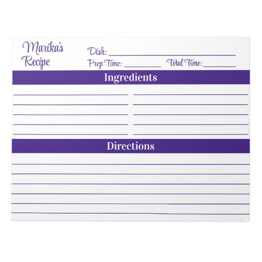 Bloc-note Écriture Élégante Violet 8.5x11 Recettes (Devant)
