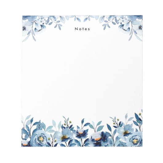 Bloc-note Elégant aquarelle bleu floral personnalisé (Devant)
