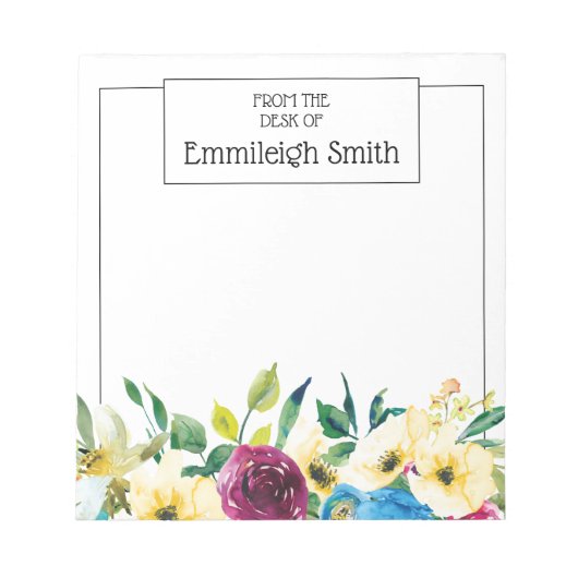 Bloc-note Elégant bleu jaune bordeaux aquarelle Floral (Devant)