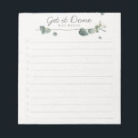 Bloc-note Elégant Eucalyptus Watercolor To Do List<br><div class="desc">Faites le suivi de votre liste de choses à faire avec ce bloc-notes personnalisé. La conception comporte une aquarelle de branche eucalyptus en haut,  un en-tête personnalisable qui dit "Get it Done" sous vous pouvez ajouter votre nom ou monogramme et 12 lignes pour ajouter vos tâches et les désactiver.</div>