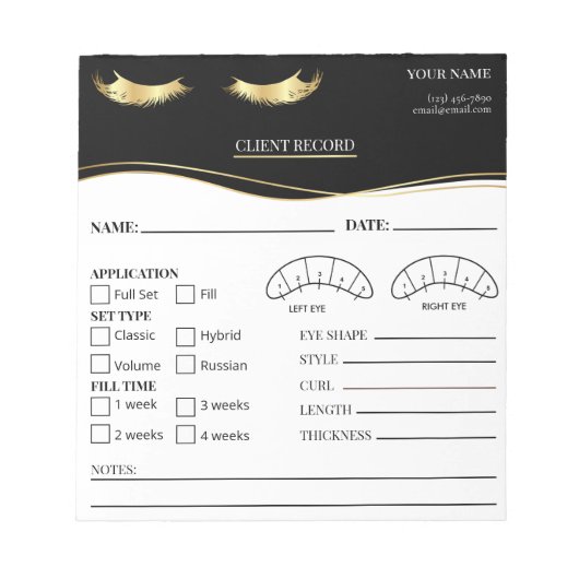 Bloc-note Elegant Eyelash Client Record Form (Devant)