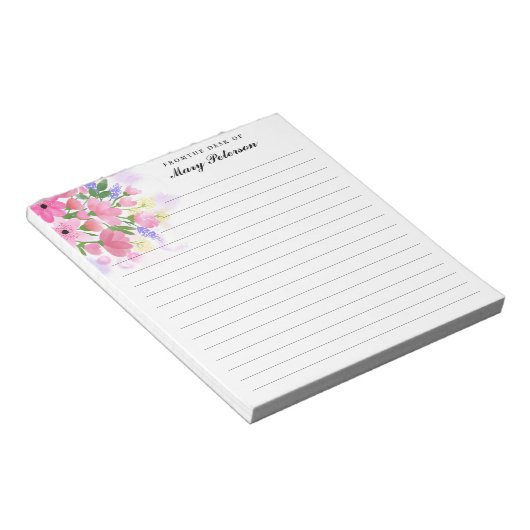 Bloc-note Elégant Fleurs Aquarelles Roses Bleues Personnalis (Incliné)