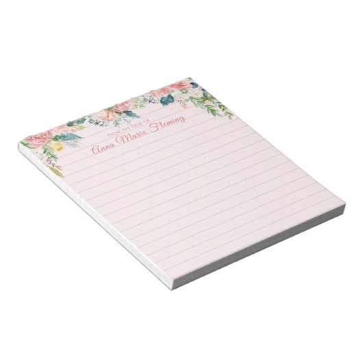 Bloc-note Élégant Floral Blush Pink Nom Linked (Incliné)