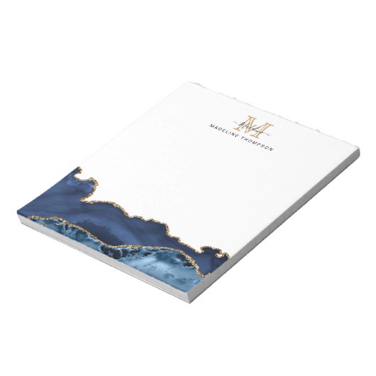 Bloc-note Élégant Marine Bleu Marbre Or Agate Monogramme (Tourné)