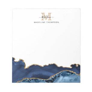 Bloc-note Élégant Marine Bleu Marbre Or Agate Monogramme
