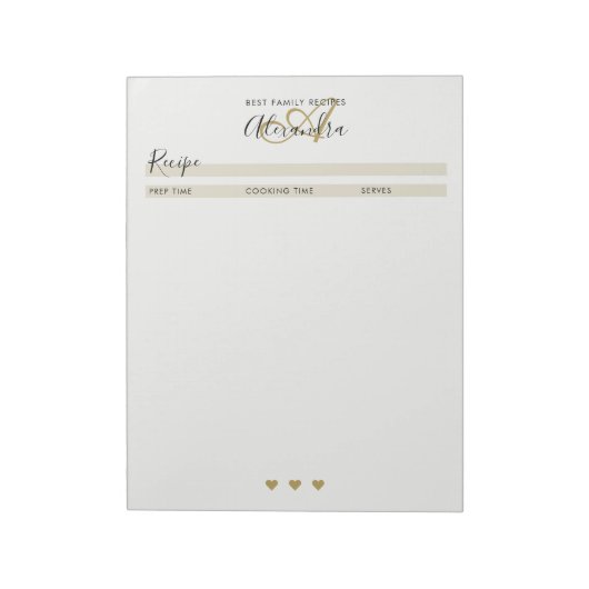 Bloc-note Elegant Monogram Black Gold Simple Recipe Sheet No (Tourné)