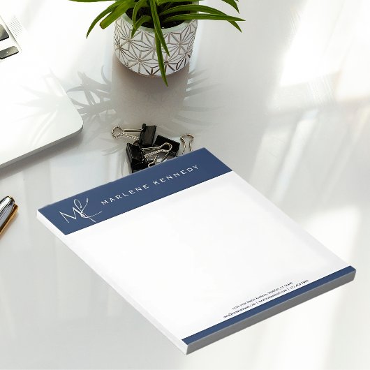 Bloc-note Élégant Monogramme Argent Personnalisé Bleu Marine