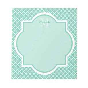 Bloc-note Élégant Monogramme De Quatrefoil Vert Mint Avec No