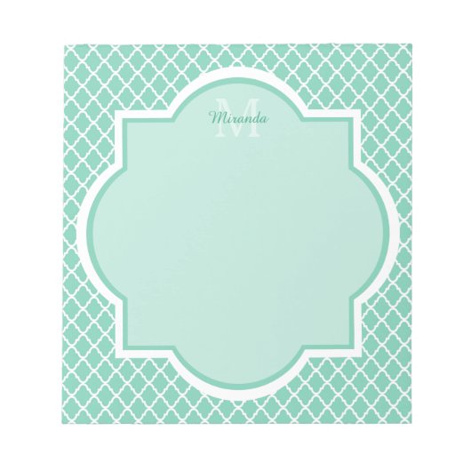 Bloc-note Élégant Monogramme De Quatrefoil Vert Mint Avec No (Devant)