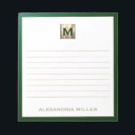 Bloc-note Élégant monogramme personnalisé<br><div class="desc">Restez organisé en style avec ce bloc-notes monogrammé personnalisé avec un design sophistiqué couleur vert émeraude et or monogramme. Les pages alignées offrent un espace suffisant pour noter des notes, des listes de choses à faire, etc., tandis que le design élégant ajoute une touche de luxe à votre vie quotidienne....</div>