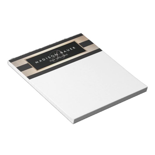 Bloc-note Élégant Monogramme rayé Noir et Or (Incliné)