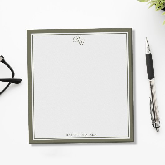 Bloc-note Elegant Olive Green Monogram Two Border