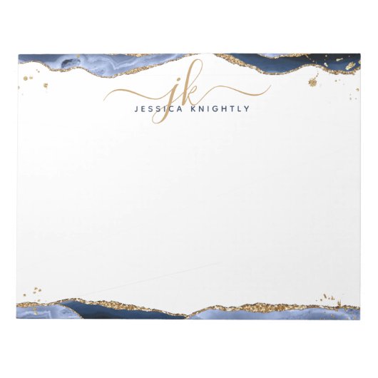 Bloc-note Élégant panneau d'Agate Bleu Monogramme Initiales (Devant)