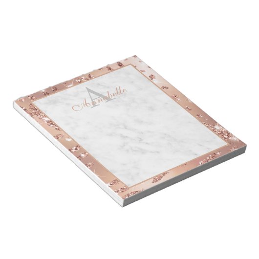 Bloc-note Élégant Rose en marbre or Foil Script Monogramme (Incliné)