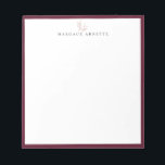 Bloc-note Elégant Rose Gold Botanical Branch Bordeaux Frame<br><div class="desc">Logo de branche botanique de l'élégante ligne d'or rose avec cadre bordeaux,  personnalisé avec nom,  bloc-notes. Le style et la couleur de la police de texte peuvent être customisés.</div>