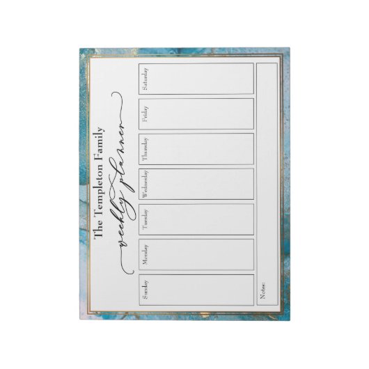 Bloc-note Élégant Script Weekly Planner Turquoise & Gold Art (Tourné)