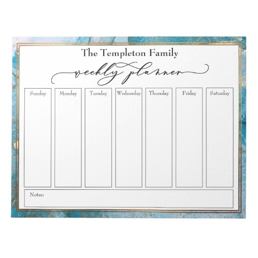 Bloc-note Élégant Script Weekly Planner Turquoise & Gold Art (Devant)