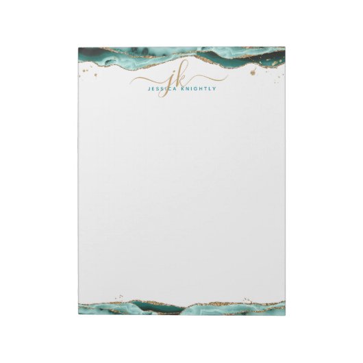 Bloc-note Élégant Turquoise Agate Script Monogramme Initiale (Tourné)