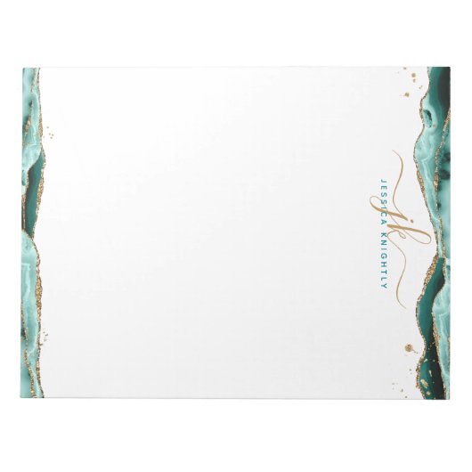 Bloc-note Élégant Turquoise Agate Script Monogramme Initiale (Devant)