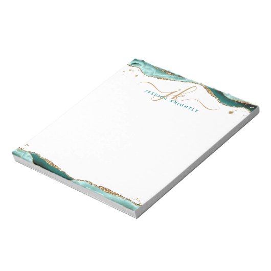 Bloc-note Élégant Turquoise Agate Script Monogramme Initiale (Tourné)