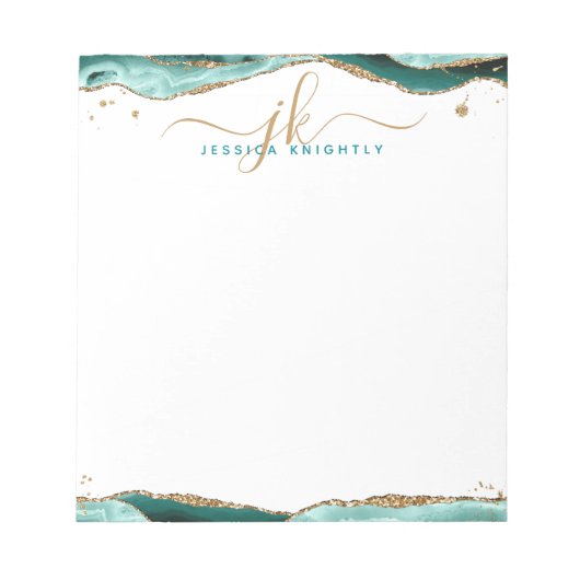 Bloc-note Élégant Turquoise Agate Script Monogramme Initiale (Devant)