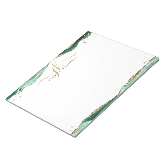 Bloc-note Élégant vert Agate Script Monogramme Initiales (Incliné)