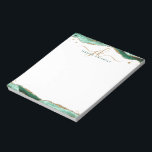 Bloc-note Élégant vert Agate Script Monogramme Initiales<br><div class="desc">Bloc-notes personnalisé et élégant avec initiales de script de calligraphie ou monogramme et nom en or et vert avec agate vert et accents de bordure de parties scintillant faux or. MODIFICATIONS : Le style, la couleur, la taille et le placement de la police de texte peuvent être modifiés en cliquant...</div>