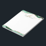 Bloc-note Élégant vert Agate Script Monogramme Initiales<br><div class="desc">Bloc-notes personnalisé et élégant avec initiales de script de calligraphie ou monogramme et nom en or et vert avec agate vert et accents de bordure de parties scintillant faux or. MODIFICATIONS : Le style, la couleur, la taille et le placement de la police de texte peuvent être modifiés en cliquant...</div>