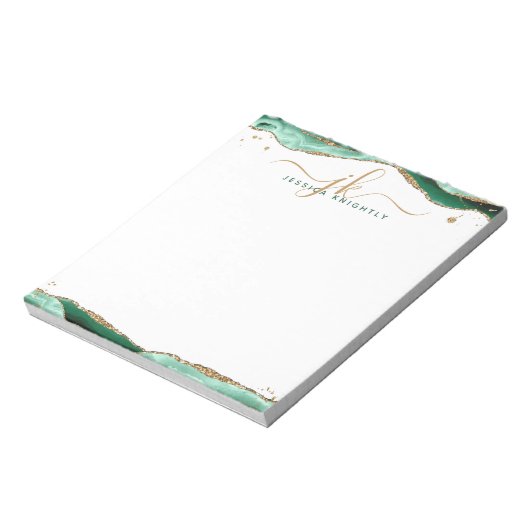 Bloc-note Élégant vert Agate Script Monogramme Initiales (Tourné)