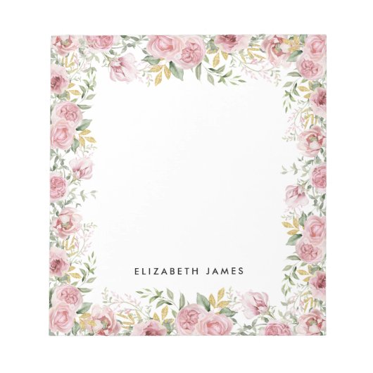 Bloc-note Elégante aquarelle rose et or pivoines couronne (Devant)