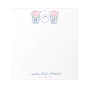Bloc-note Elégante Dames Pink Peonies Marine Monogramme bleu