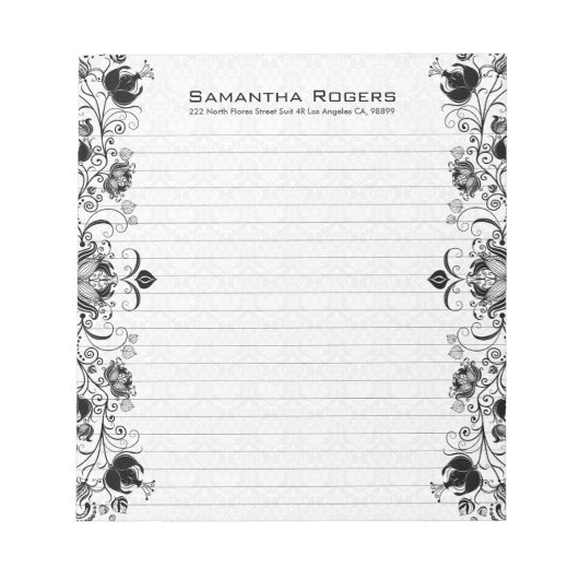 Bloc-note Elégante Dentelle Florale Noire Et Damas Blanches (Devant)