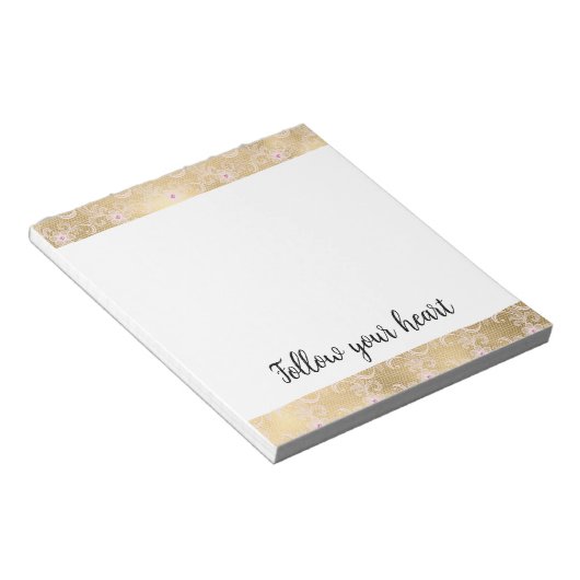 Bloc-note Elégante dentelle florale rose et or (Incliné)