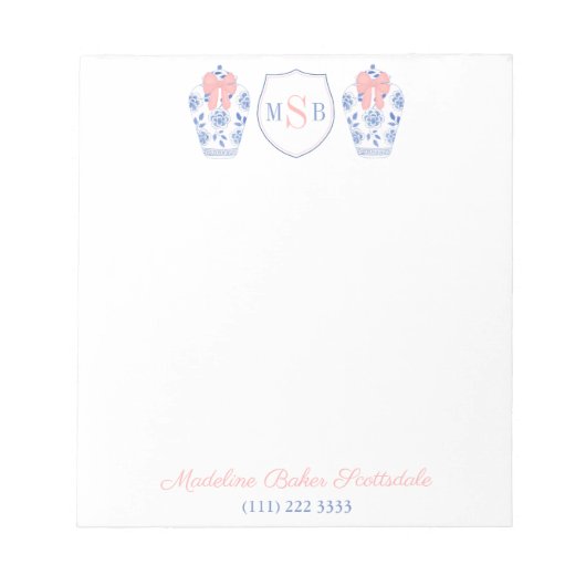 Bloc-note Élégante Femme rose Ruban Bleu Blanc Vase Monogram (Devant)
