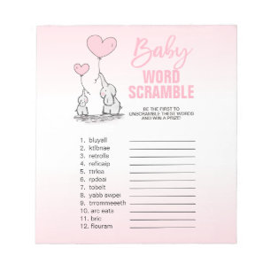 Bloc-note Elephant rose blanc fille Baby shower MOT SCRAMBLE