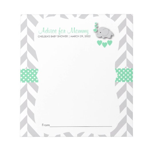 Bloc-note Eléphant vert et gris à la menthe | Baby shower - (Devant)