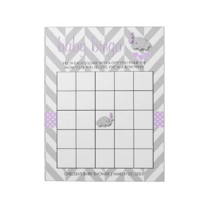 Bloc-note Eléphant violet et gris Baby shower Jeu de Bingo