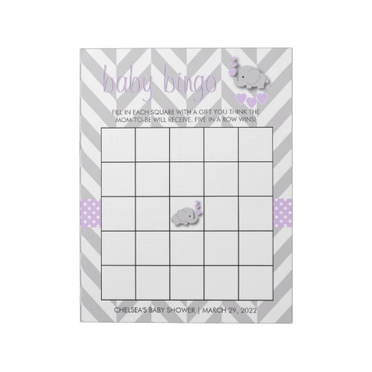 Bloc-note Eléphant violet et gris Baby shower Jeu de Bingo (Tourné)