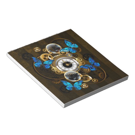 Bloc-note Engrenages à vapeur et papillons bleus (Incliné)