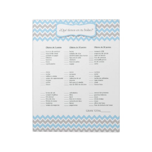 Bloc-note ESPAGNOL Ce qui est dans votre sac de Baby shower (Tourné)