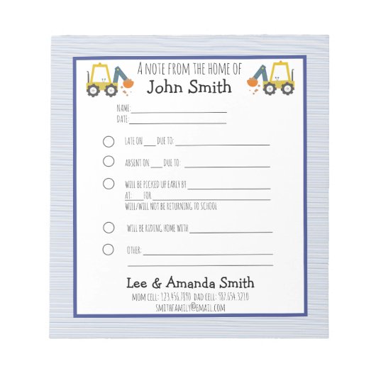 Bloc-note Excavateur Construction School Note Excusez 1 enfa (Devant)